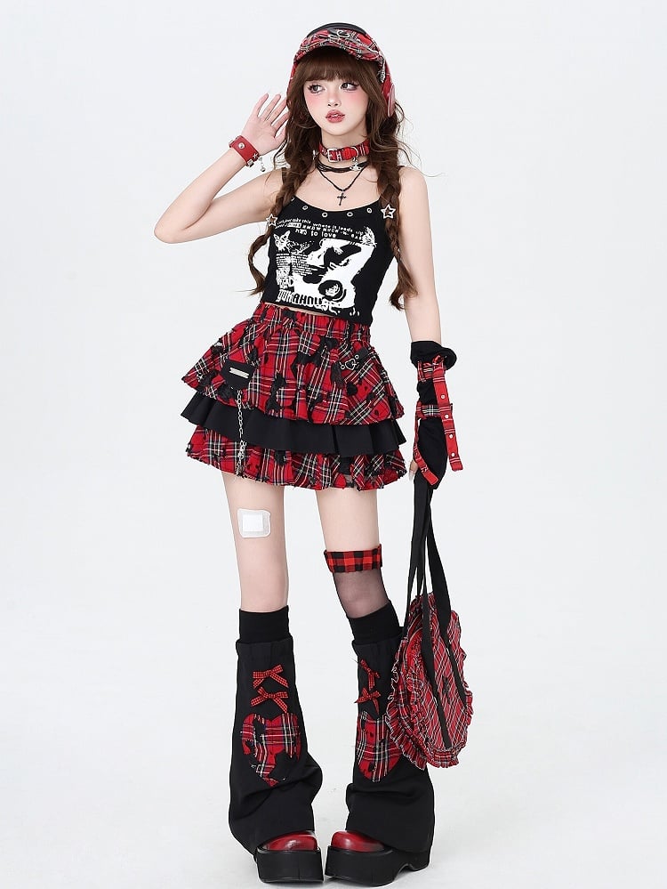 Punk Rock Chain Decorated Red and Black Plaid Tiered Skirt with Free Leg Sleeves