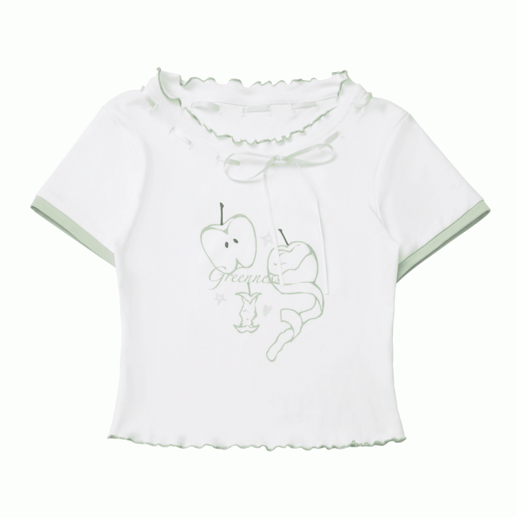Green Apple Print Lettuce Hem Self-tie Bow Neckline White T-shirt
