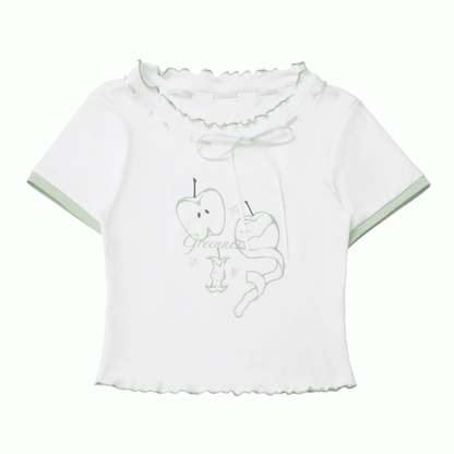 Green Apple Print Lettuce Hem Self-tie Bow Neckline White T-shirt