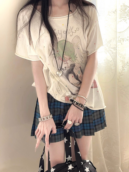 Cartoon Angel Print Apricot Round Neck T-shirt