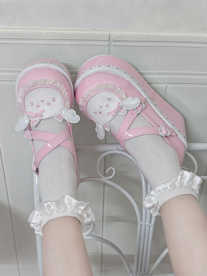 Yume Kawaii Pink Round Toe Kitty Angel Heart Buckle Platform Lolita Shoes
