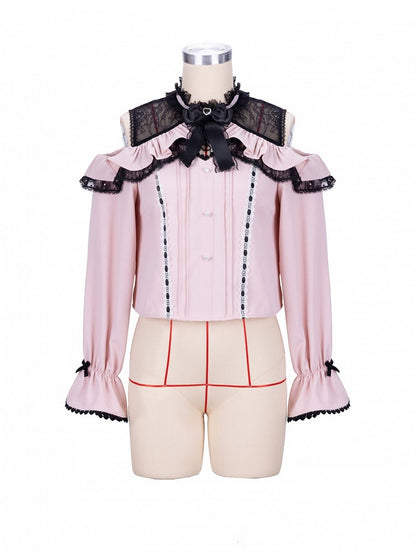 Jirai Kei Open Shoulders Long Sleeves Black and Pink Blouse