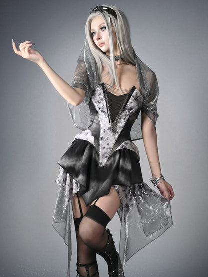 Y3K Fashion Futuristic Black Basque Waist Metal Chains Front Handkerchief Hem Cyberpunk Hooded Dress