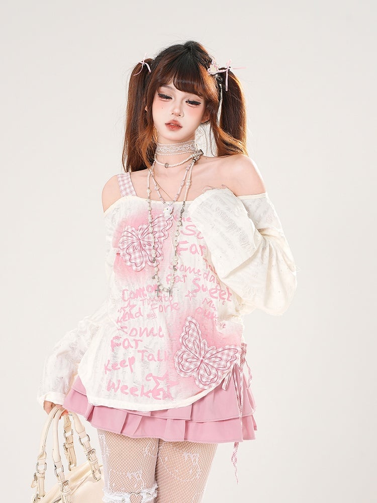 Pink Plaid Butterfly Appliques Black/White Off-the-shoulder Distressed Holes Coverup