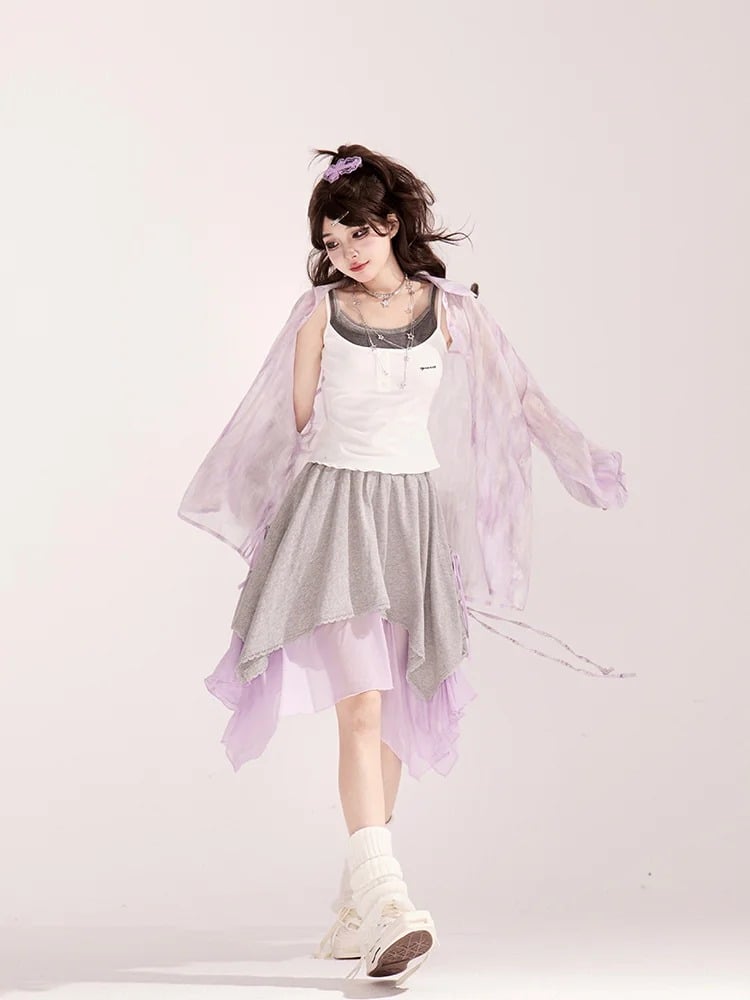 Light Purple Loose Shirt / Drawstring Waist Wide-leg Casual Pants