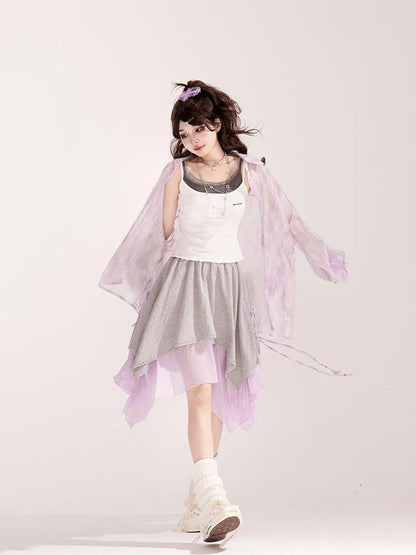 Light Purple Loose Shirt / Drawstring Waist Wide-leg Casual Pants