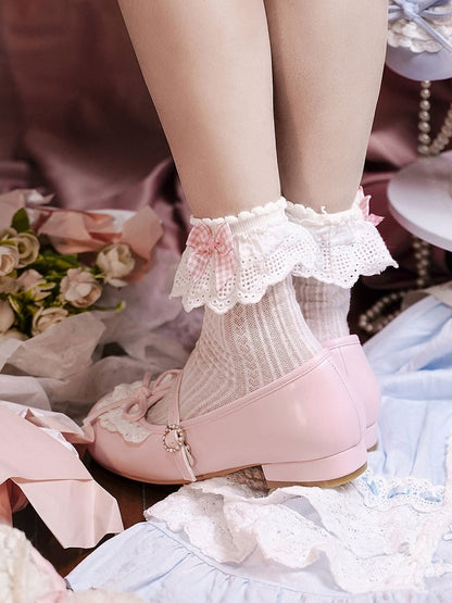 Pink Knotted Bow Accent Lace Trim 2.2CM/4.3CM Heels Round Toe Mary Janes