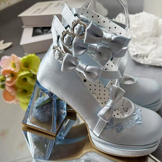 Blue Camellia Flower High Block Heel Elegant Platform High Heels