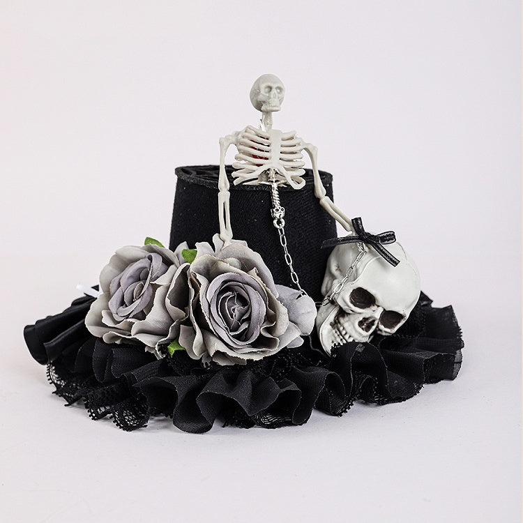 Black Floral Design Gothic Halloween Skeleton Mini Hat