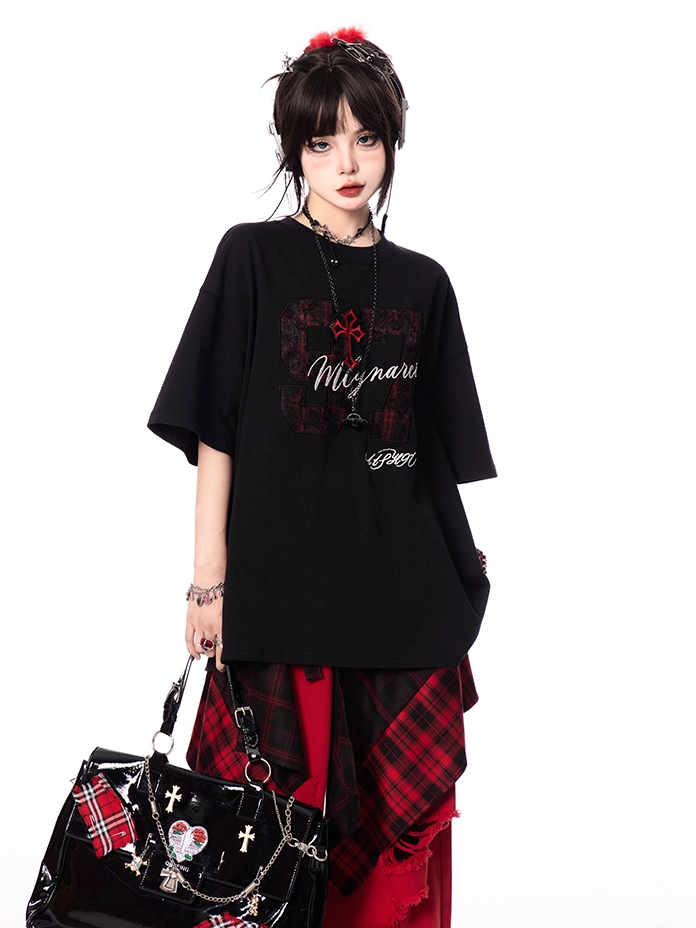 Letter and Number Print Black Round Neck Oversize T-shirt