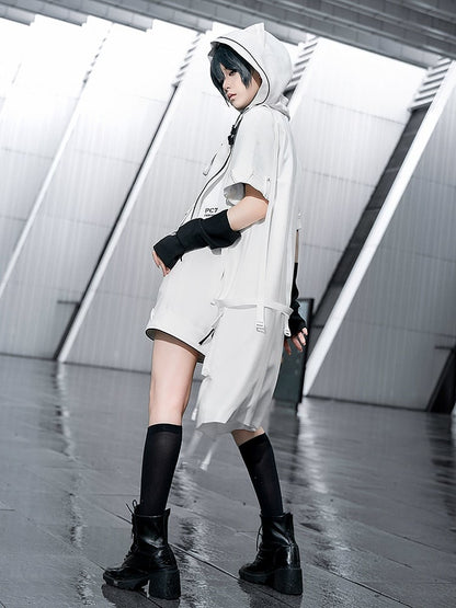 Cyberpunk Techwear Ouji Fashion White Cat Ears Hooded Coat