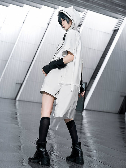 Cyberpunk Techwear Ouji Fashion White Cat Ears Hooded Coat