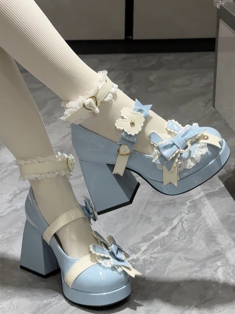 Polished Blue Sweet Lolita Bunny Decorated Bowknot Details Lace Trim Platform High Block Heels