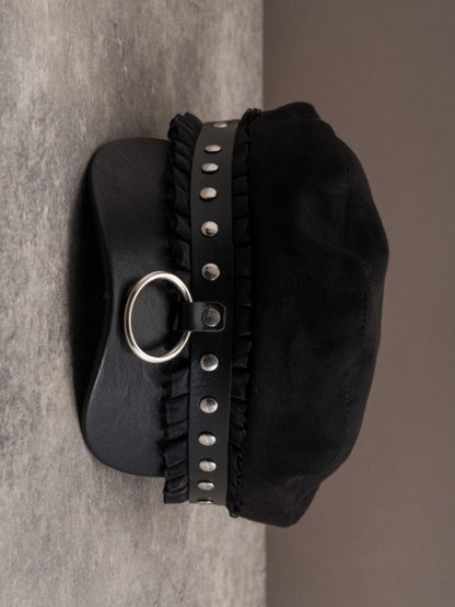 Black Gothic Studs Details Ruffled Trim Beret Hat