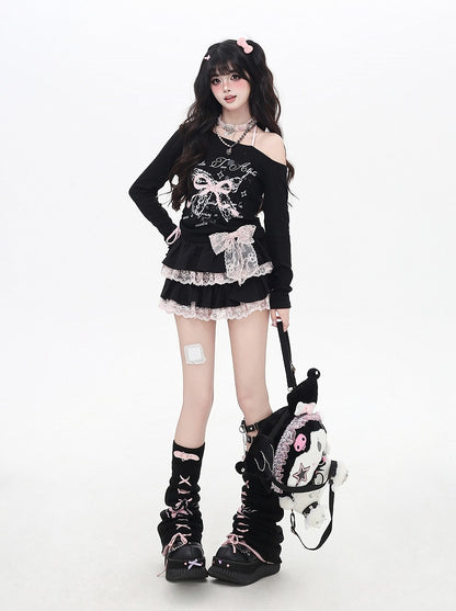 Asymmetrical Neckline Sweet Plaid Bowknot Applique White/Black Top