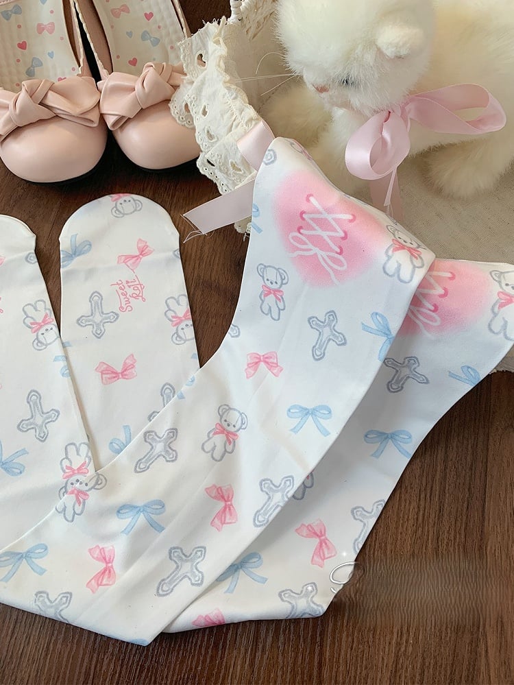 White Cross Bear and Bowknot Print Sweet Lolita Overknee Stockings
