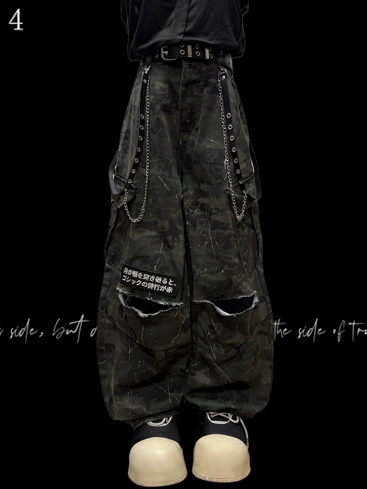 Army Green Camo Pattern Wide-Leg Cargo Pants