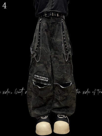 Army Green Camo Pattern Wide-Leg Cargo Pants