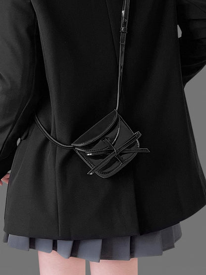 Chic Black Crossbody Card Holder With Glossy Finish And Bow Accent