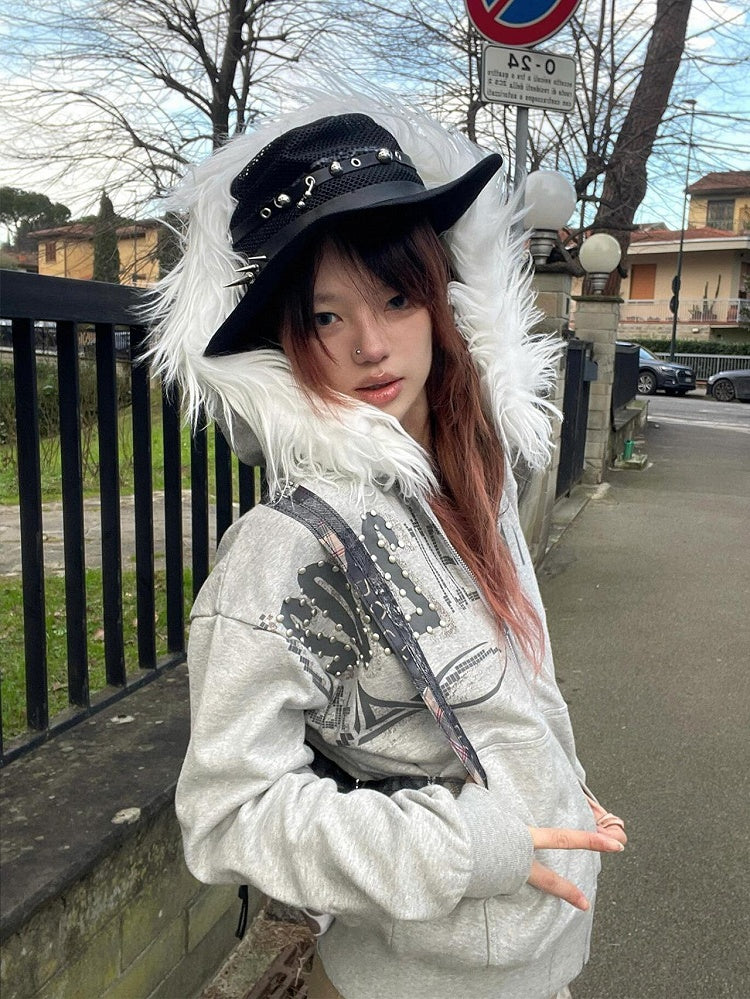 Gray Y2K Zip-Up Hoodie with Faux Fur Trim and Graphic Print