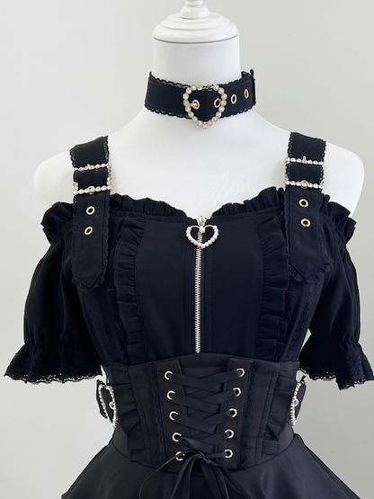 Jirai Kei Off-the-Shoulder Neckline Landmine Style Black Short Sleeves Top with Free Choker