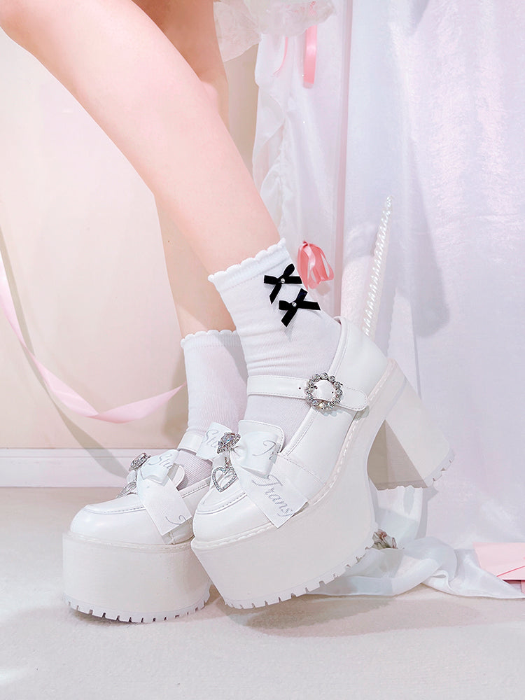 Jirai Kei Rhinestones Bow Clips White Chunky Heels Landmine Style Platforms