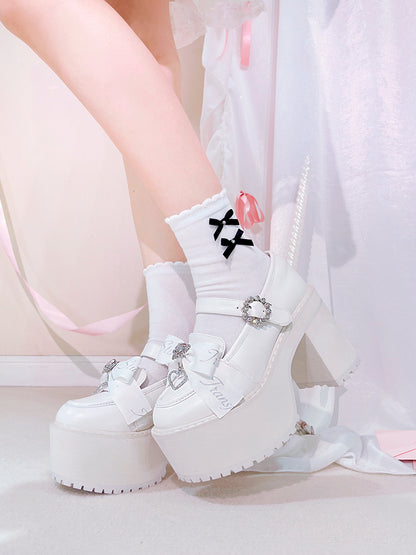 Jirai Kei Rhinestones Bow Clips White Chunky Heels Landmine Style Platforms