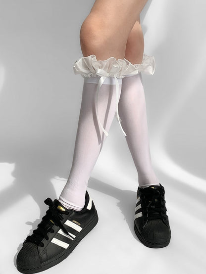 White Ruffled Cuff Bowknot Detail Under-knee Stockings