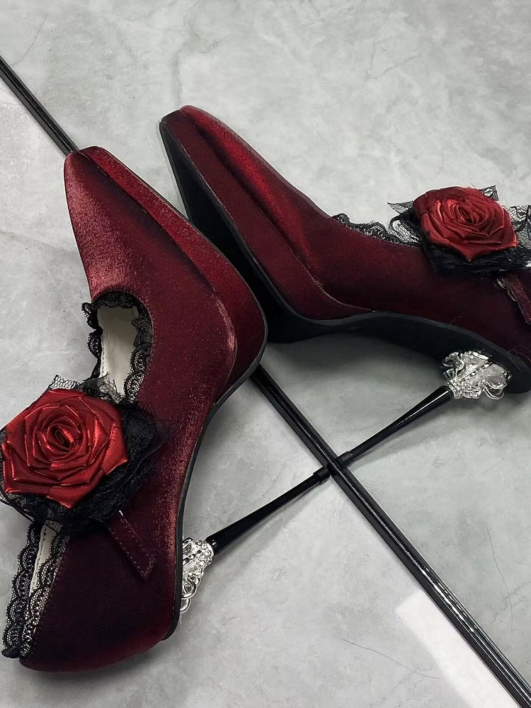 Red Gothic Floral Decorated Pointed Toe Satin High Heels