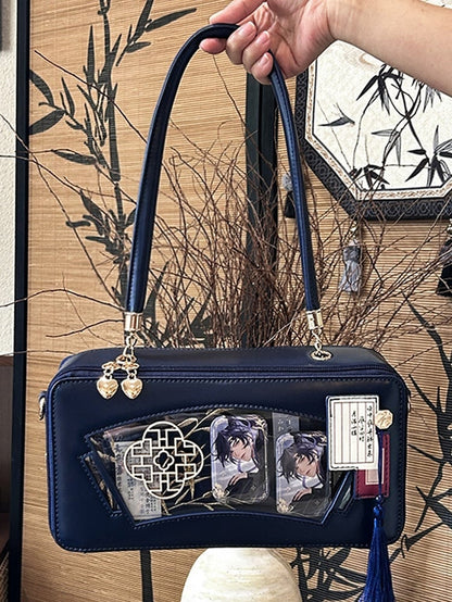 Dark Blue Embroidered Bamboo Leaf Cheongsam Style Ita Shoulder Bag with Fringe Charm