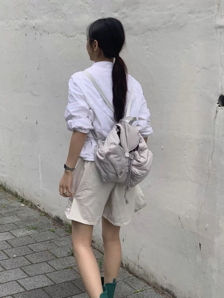 Chic Grey Drawstring Backpack With Flap Closure