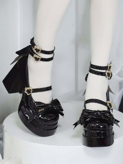 Black Bow Accents High Block Heel Platform High Heels