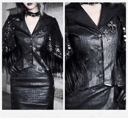 Black Sharp Angle Notched Collar Office Lady Fluffy Hemline Cape Design PU Leather Blazer