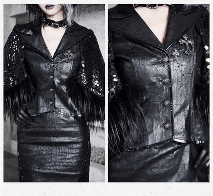 Black Sharp Angle Notched Collar Office Lady Fluffy Hemline Cape Design PU Leather Blazer