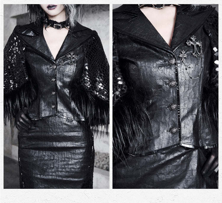 Black Sharp Angle Notched Collar Office Lady Fluffy Hemline Cape Design PU Leather Blazer
