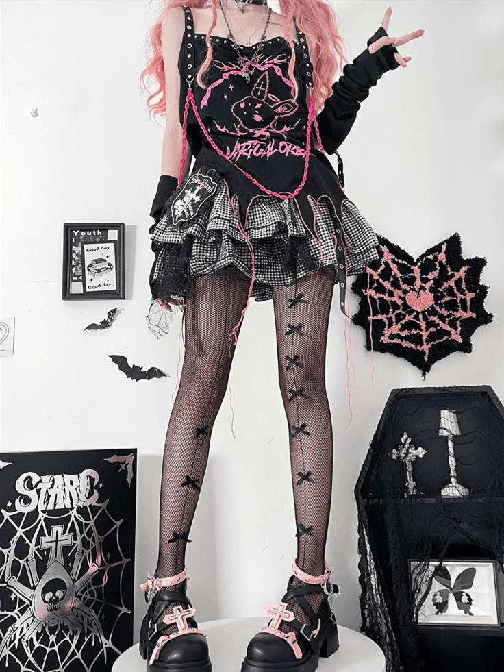 Silver-tone Studs Cross Black and Pink Platform Chunky Heels Punk Shoes