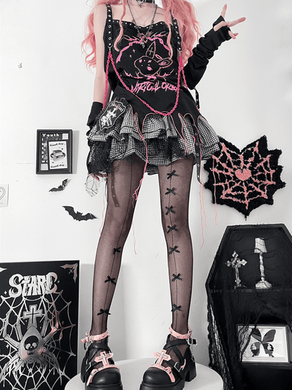 Silver-tone Studs Cross Black and Pink Platform Chunky Heels Punk Shoes