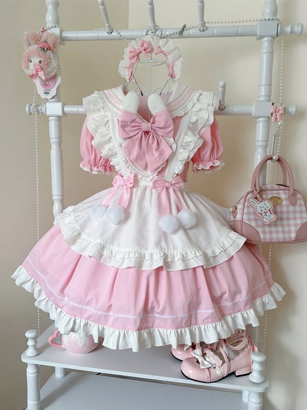 Bunny Ears Sailor Collar Pink Short Sleeves Maid Lolita Dress with White Apron