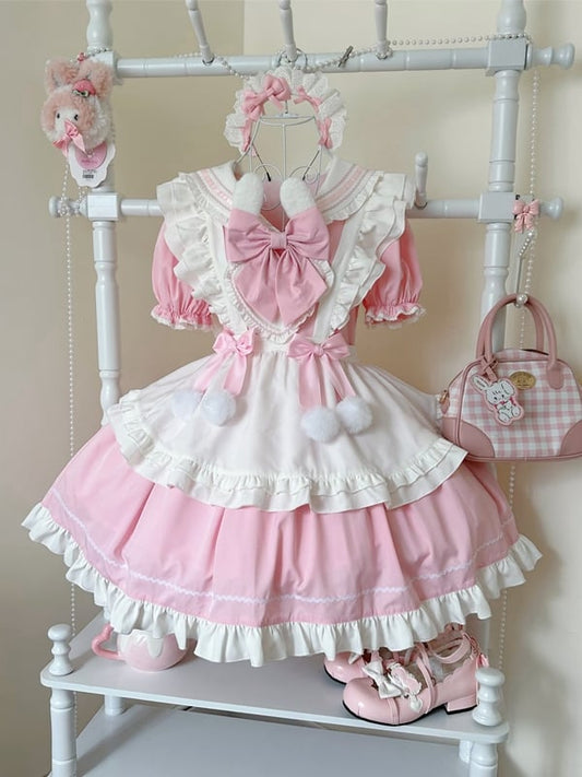 Bunny Ears Sailor Collar Pink Short Sleeves Maid Lolita Dress with White Apron