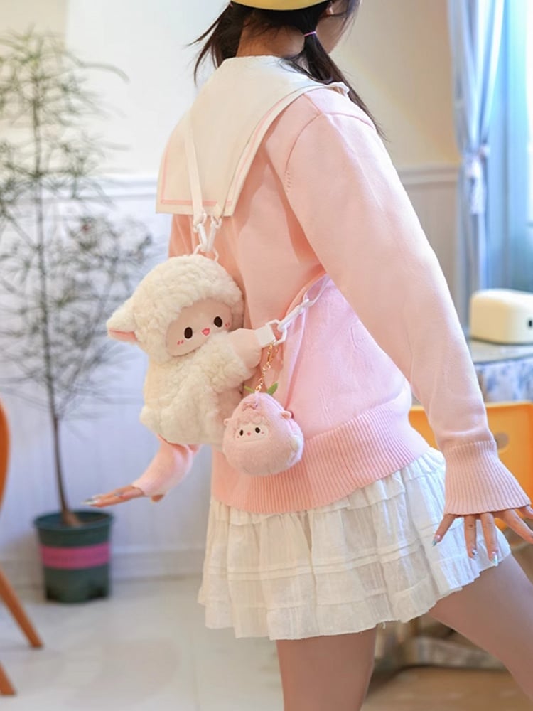 Cute Little Lamb White Plush Backpack/Crossbody Bag + Keychain