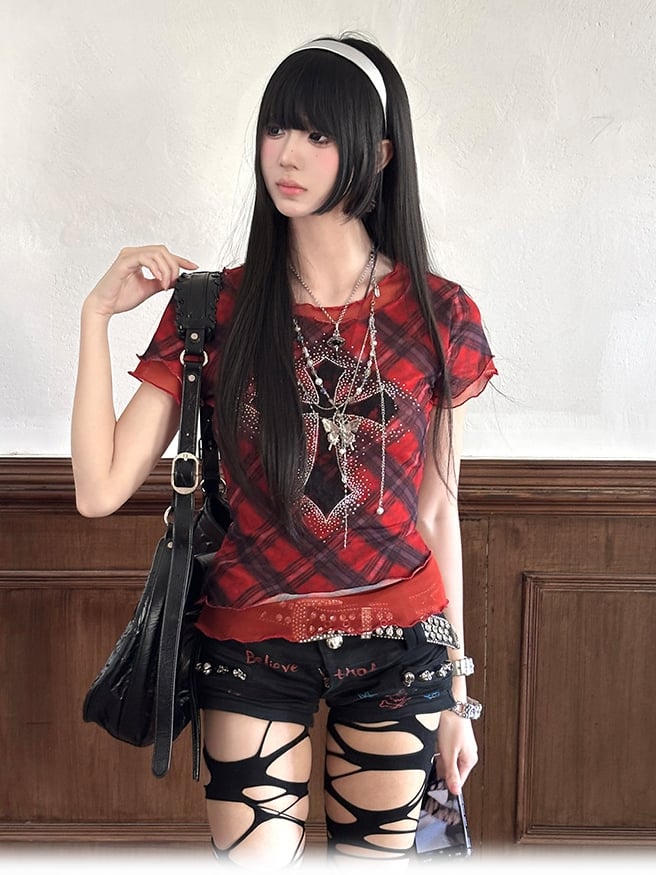 Y2K Red Plaid Pattern Rhinestone Embellished Cross Punk Glamorous Mesh T-Shirt