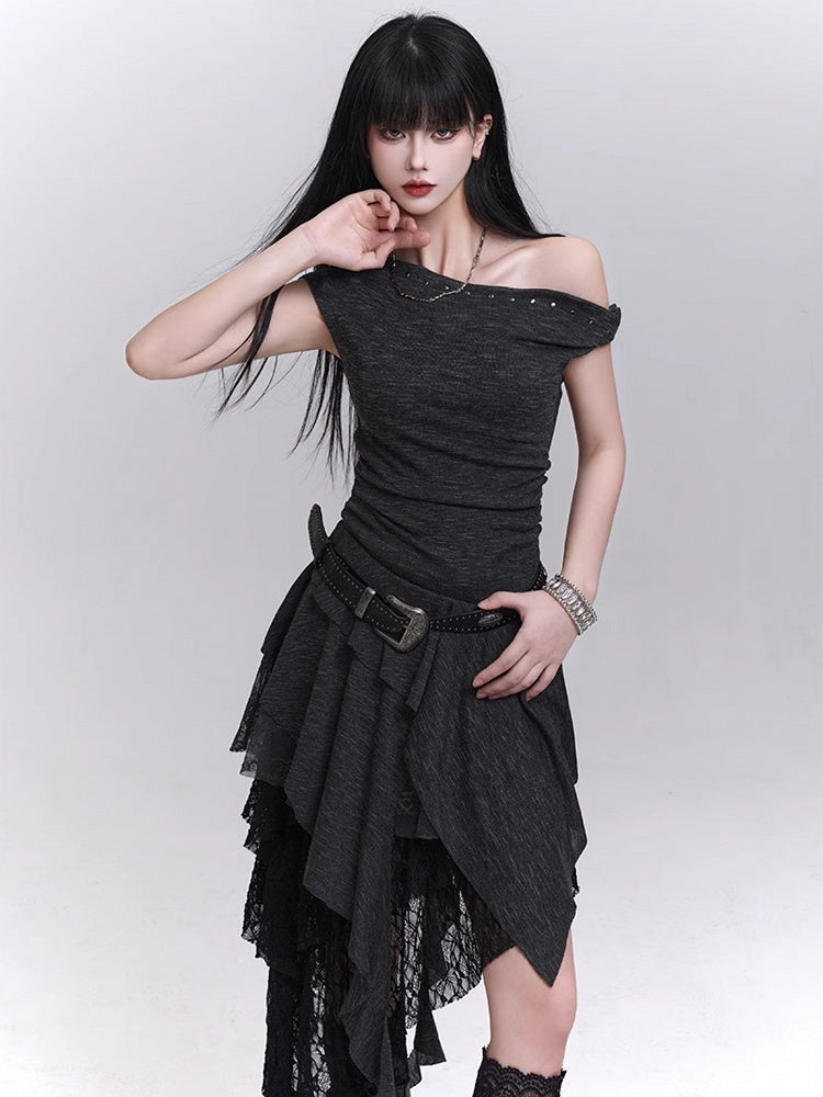 Studded Asymmetrical Neckline Cascading Ruffles Dress with Buckle Belt