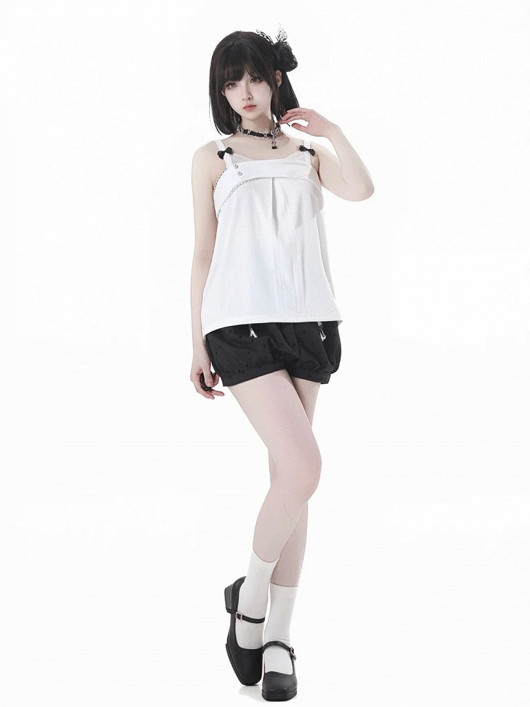 Black Cheongsam Style Polka-Dot Bubble Shorts with Butterfly Charms