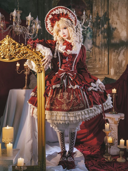 Candle and Candlestick Embroidery Red Bell Sleeves Velvet Dress Lolita OP / Set