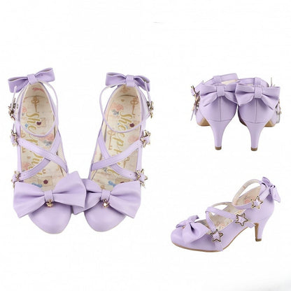 Purple Bow at Top Star Buckle Straps High Heels