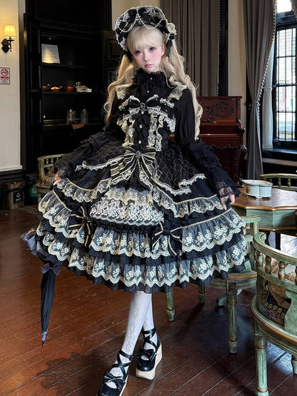 Black Flower Bead Chain Bow Neckline Gorgeous Princess Lolita Dress