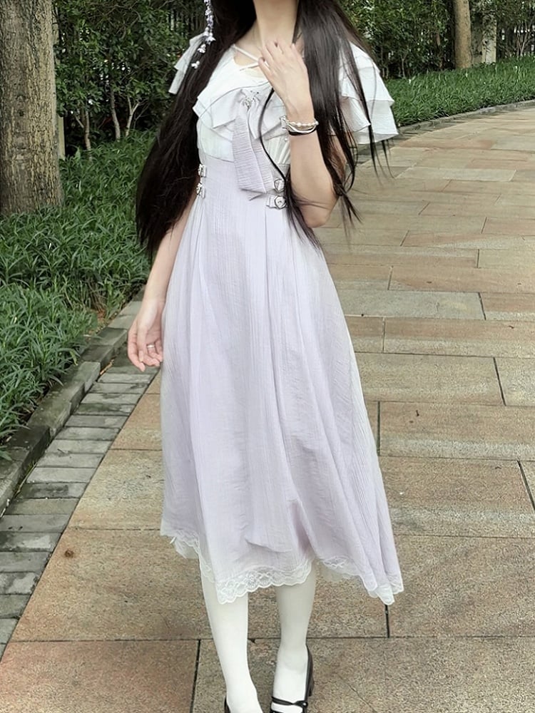Jirai Kei Lavender Heart Buckles Waist Tiered Flounce Hem Neckline Long Version Dress with Bowtie
