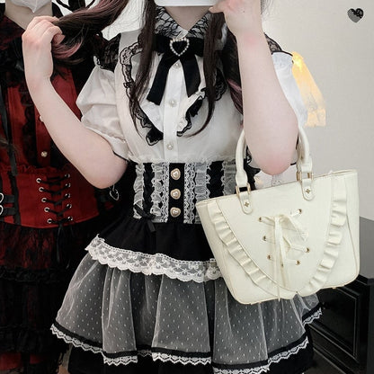 Black/Pink/Blue High Waist Sweetheart Buttons Lace Trim Jirai Kei Tiered Skirt