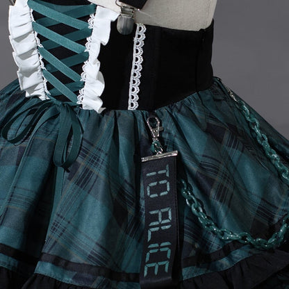 Lace-up Detail Black and Green Plaid Punk Lolita Corset Waist Overall Dress