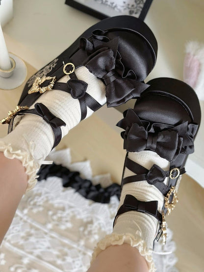 Black Bear Buckle Straps Bowknot Platform Shoes with Bear Embroidery